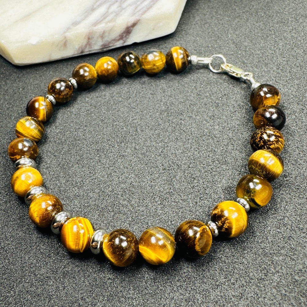 Mens Tiger Eye Bracelet Sterling Silver - Picture 4 of 5
